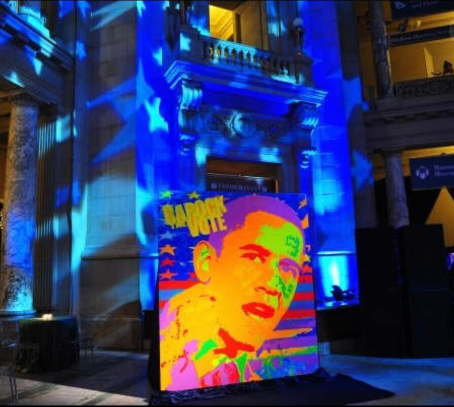 Barock the Vote, large-scale civic painting shown in a blue-lit installation setting