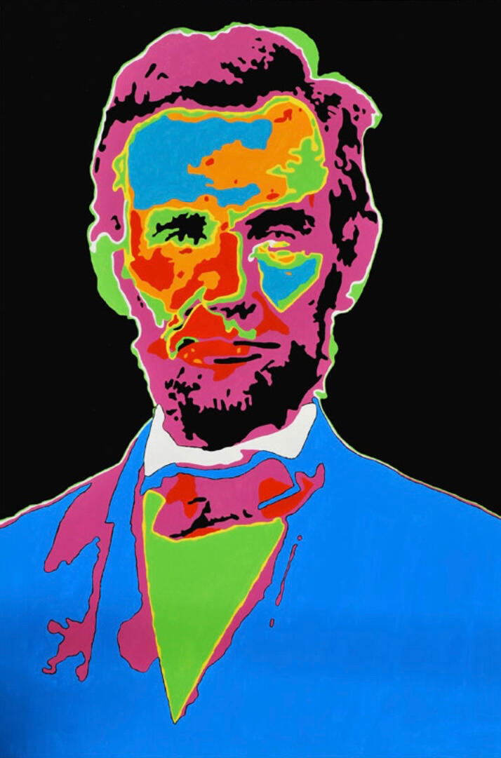 LINCOLN, portrait of Abraham Lincoln in bold pop colors on a black background